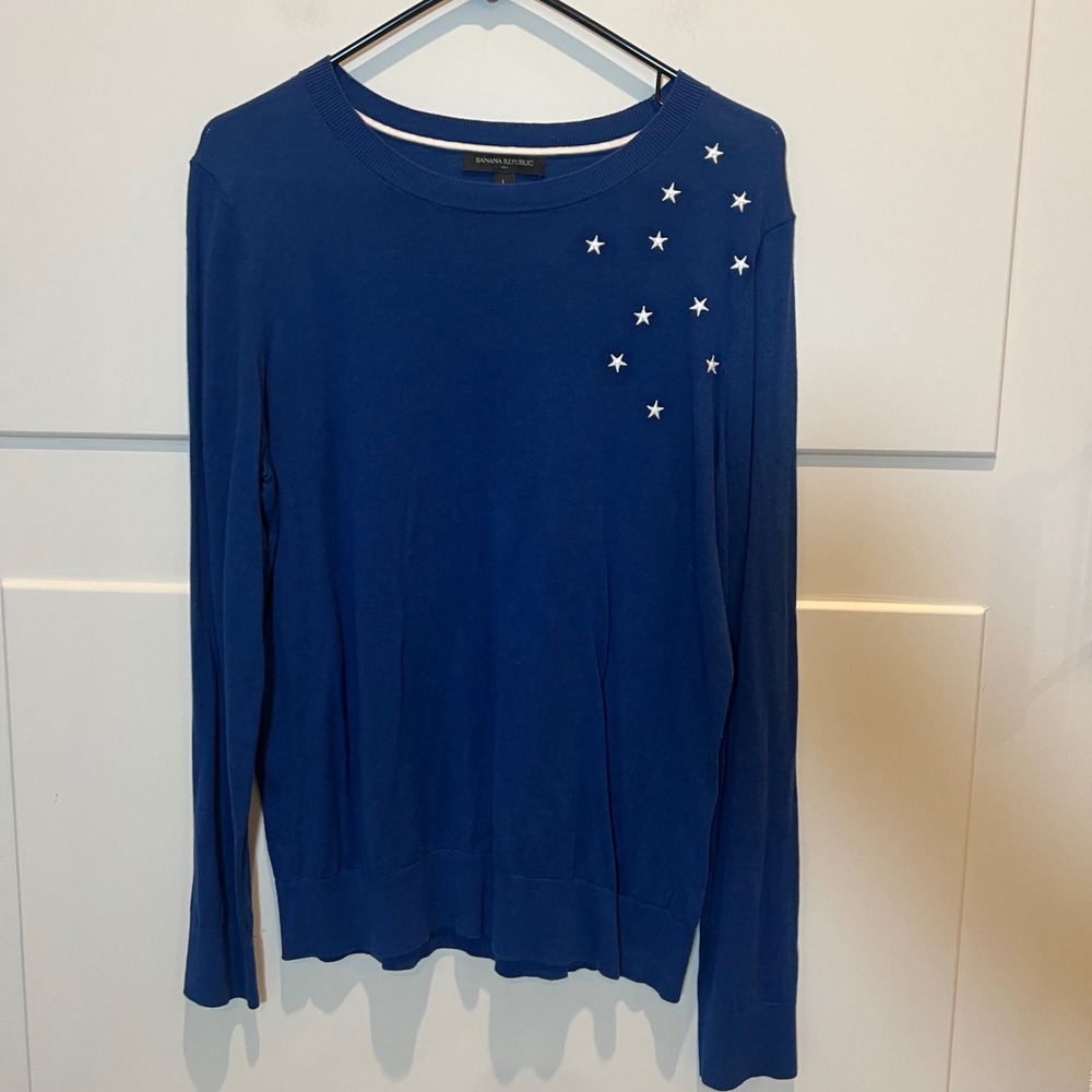 Banana Republic Blue White Star Embroidered Knit Sweater Women's Size Large EUC